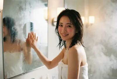 Boyfriend POV • Steamy Mirror Bath Towel, Flushed Cheeks & Playful Wink