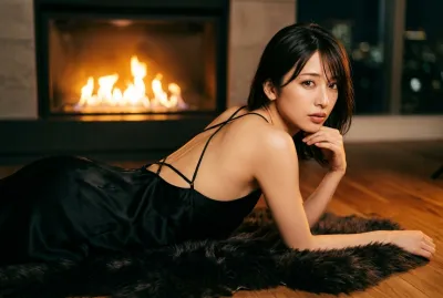 Fireplace Dark Fur Rug • Dramatic Backless Silk Dress & Dancing Flames