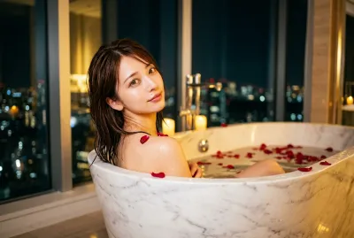 Penthouse Marble Rose Bath • Glistening Water Droplets & Mesmerizing Gaze