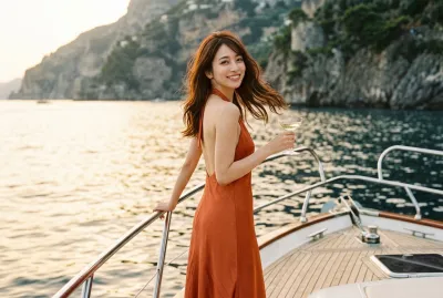 Amalfi Coast Vintage Yacht • Terracotta Backless Halter Dress & Champagne Coupe