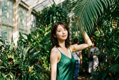 Victorian Botanical Conservatory • Emerald Silk Slip Dress & Dappled Sunbeams