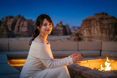Luxury Desert Pavilion • Off-Shoulder Ivory Knit Dress, Firepit Glow & Starry Sky