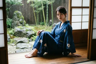 Kyoto Century Machiya • Indigo Silk Yukata, Rainy Moss Garden & Engawa