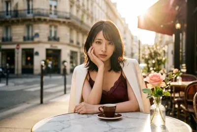 Parisian Sidewalk Cafe • Burgundy Silk Camisole, Draped Blazer & Chin Rest